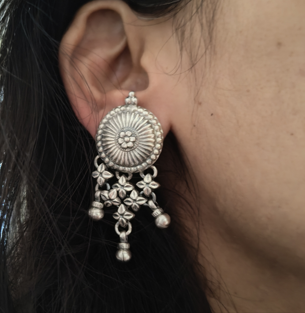 925 Silver Floral Circular Stud, Floral Jali Link and Ball Drops Statement Dangler