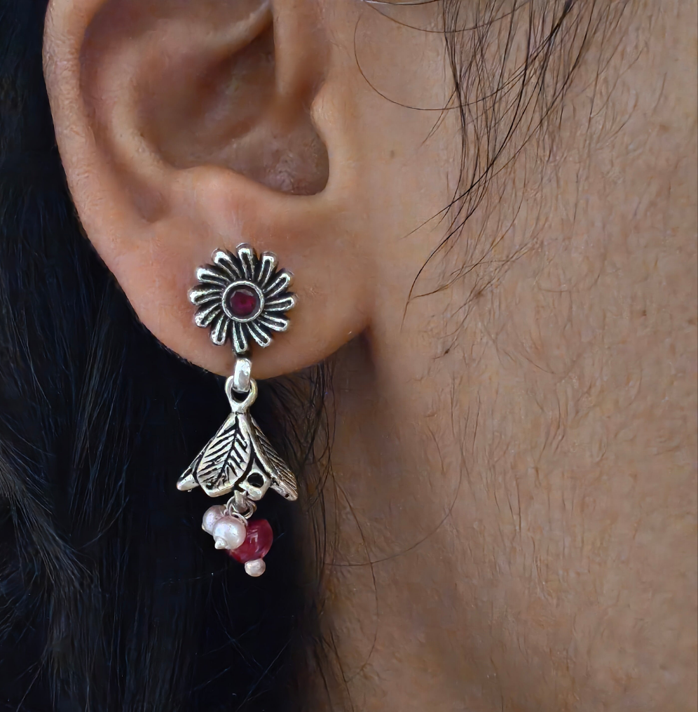 Elegant Circular Floral Intricate Stud Red Stone Earrings With Bud Pearl And Stone Drops
