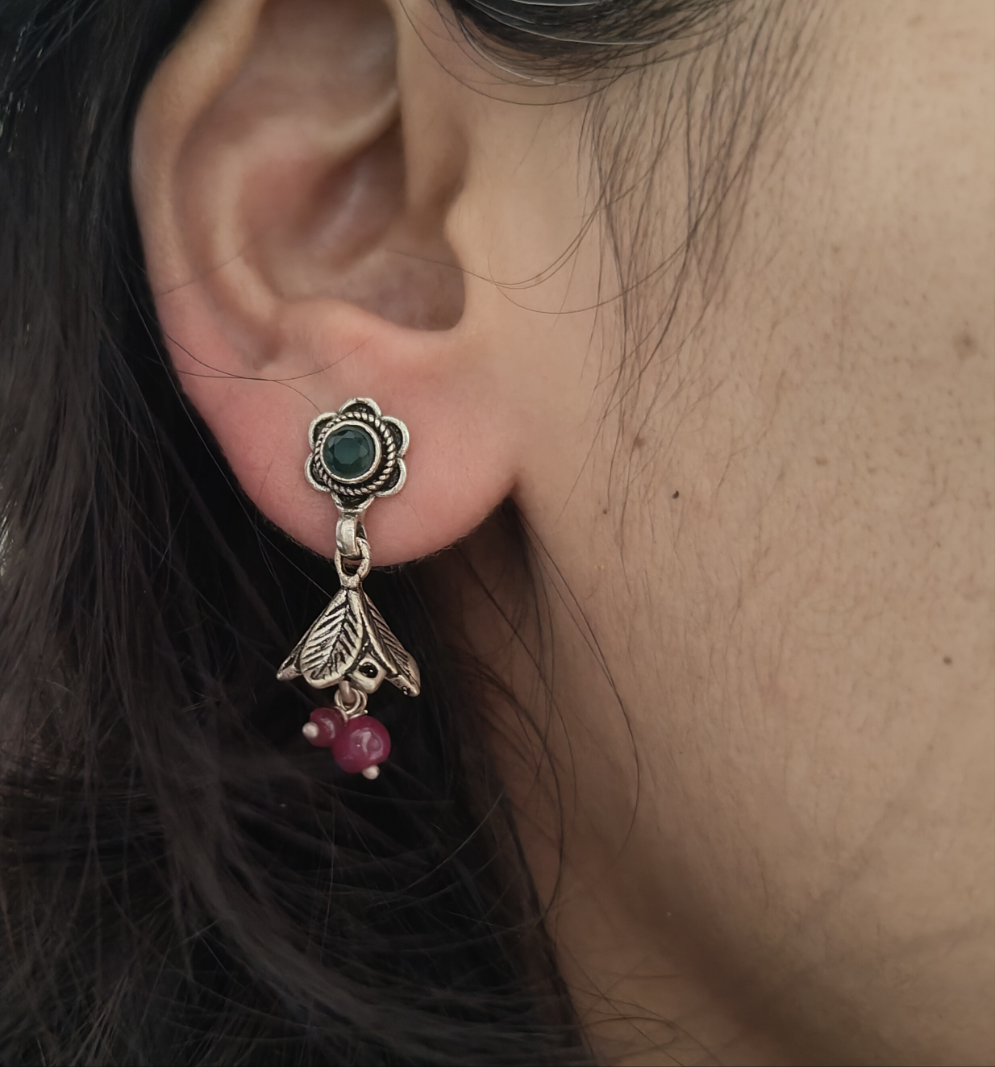 Elegant Circular Floral Intricate Green Stone Stud Earrings With Bud, Red Stone Drops