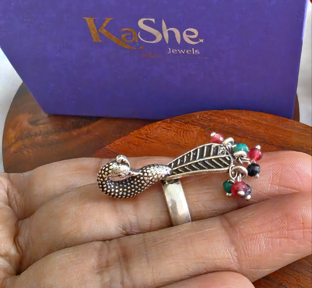 Statement 3D Textured Peacock Long Ring With Pink Green Coloured Stones Drop (Adjustable)