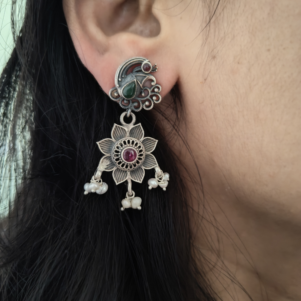 Elegant Peacock Handwork Stud Red Green Stone, Floral Dangler Earrings With Pearl Drops