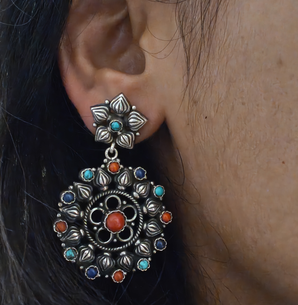 925 Silver Mutli-Color Floral Circular Long Statement Dangler