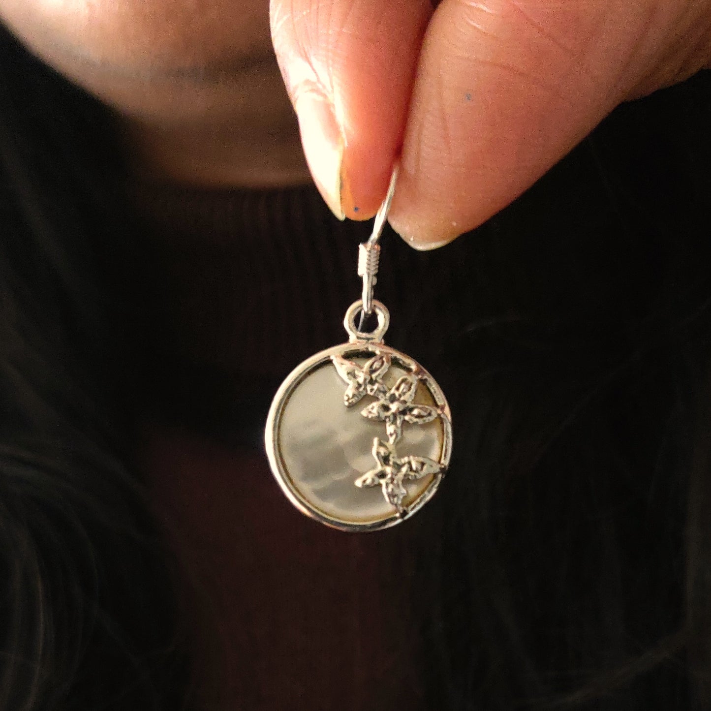 Circular Mother Of Pearl Floral Earrings With Hooks