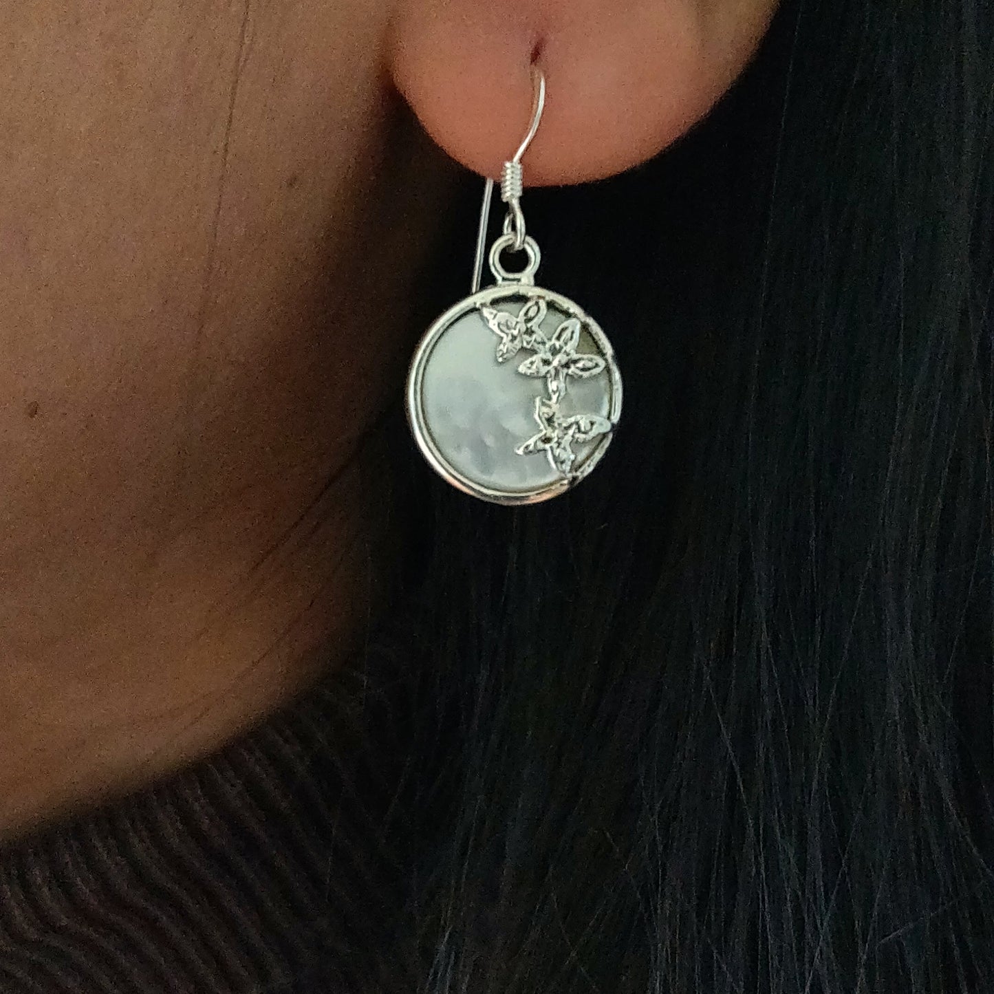 Circular Mother Of Pearl Floral Earrings With Hooks