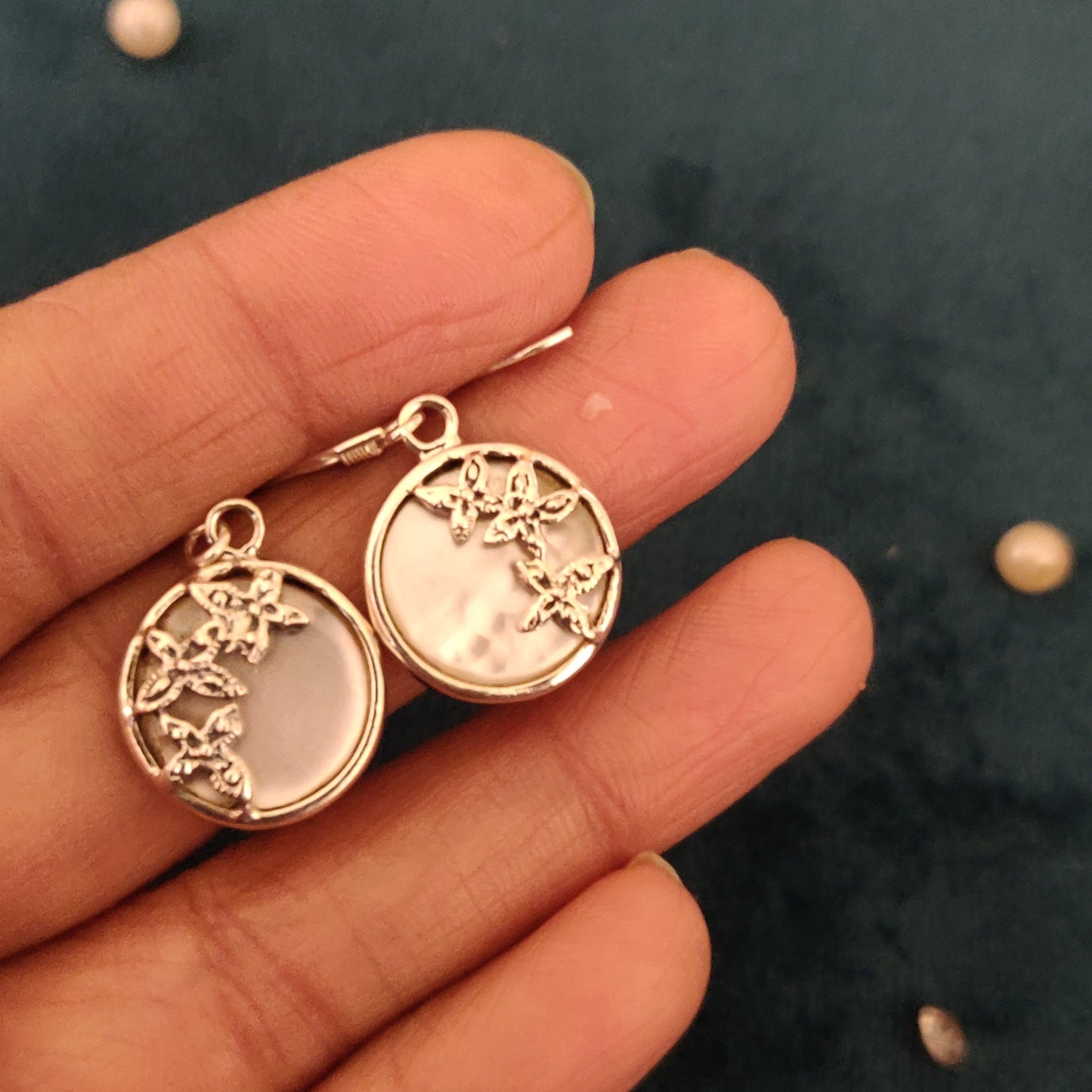 Circular Mother Of Pearl Floral Earrings With Hooks