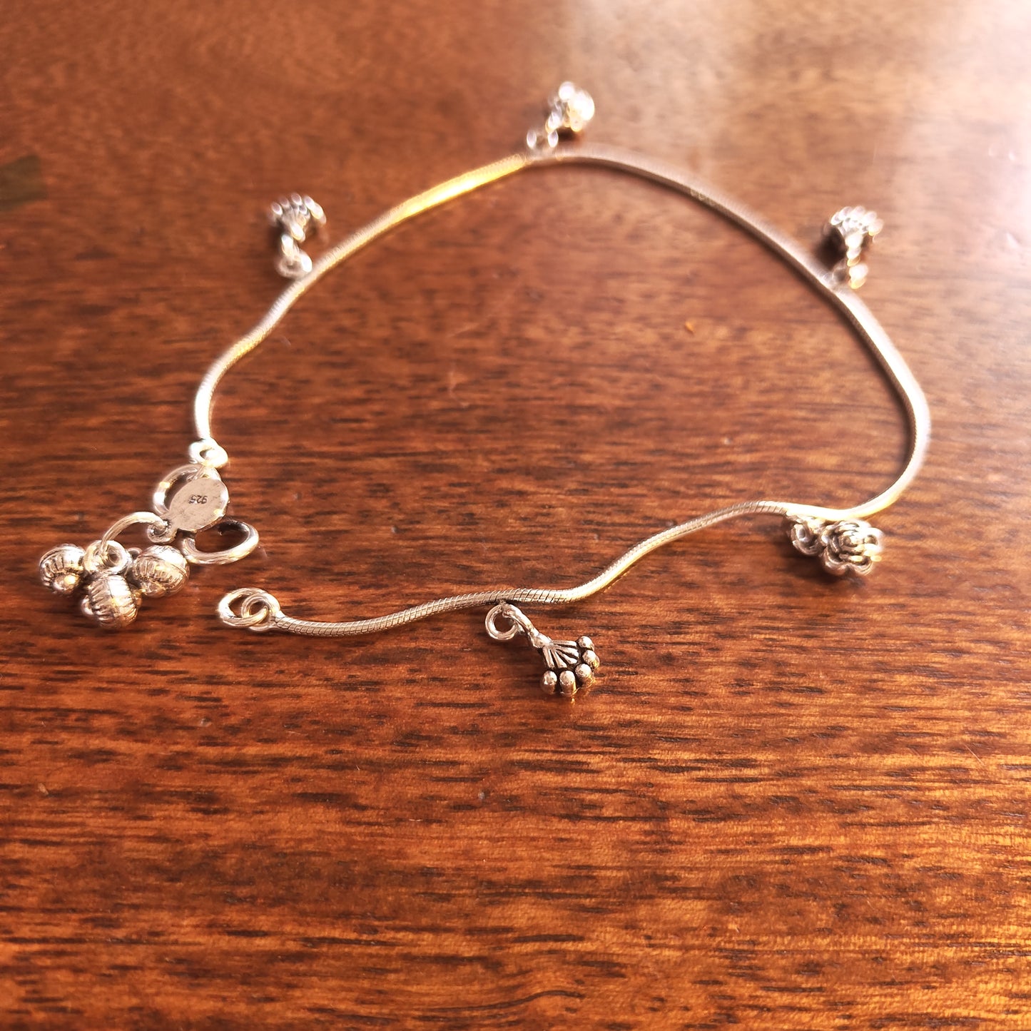 925 Silver Women Anklet With Circular Rose and Hangings