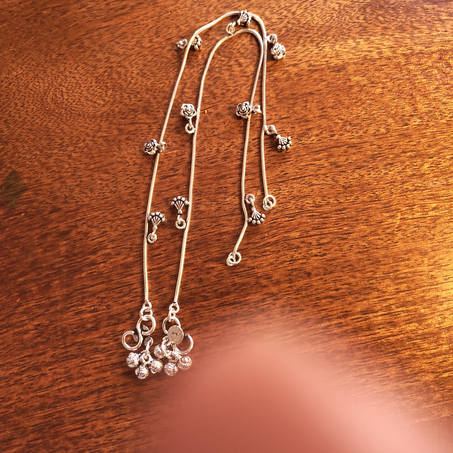 925 Silver Women Anklet With Circular Rose and Hangings