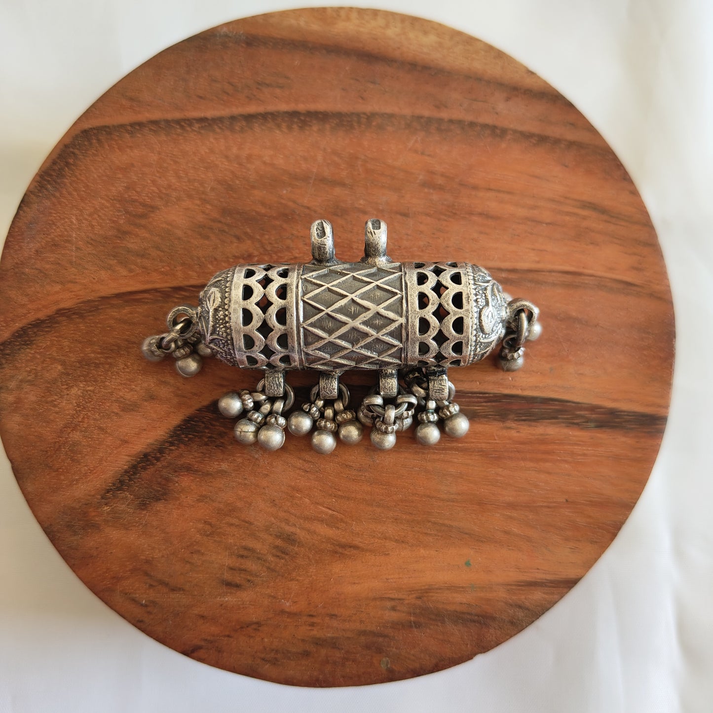 Vintage Silver Reversible Tribal Taviz Pendant With Silver Ball Danglers