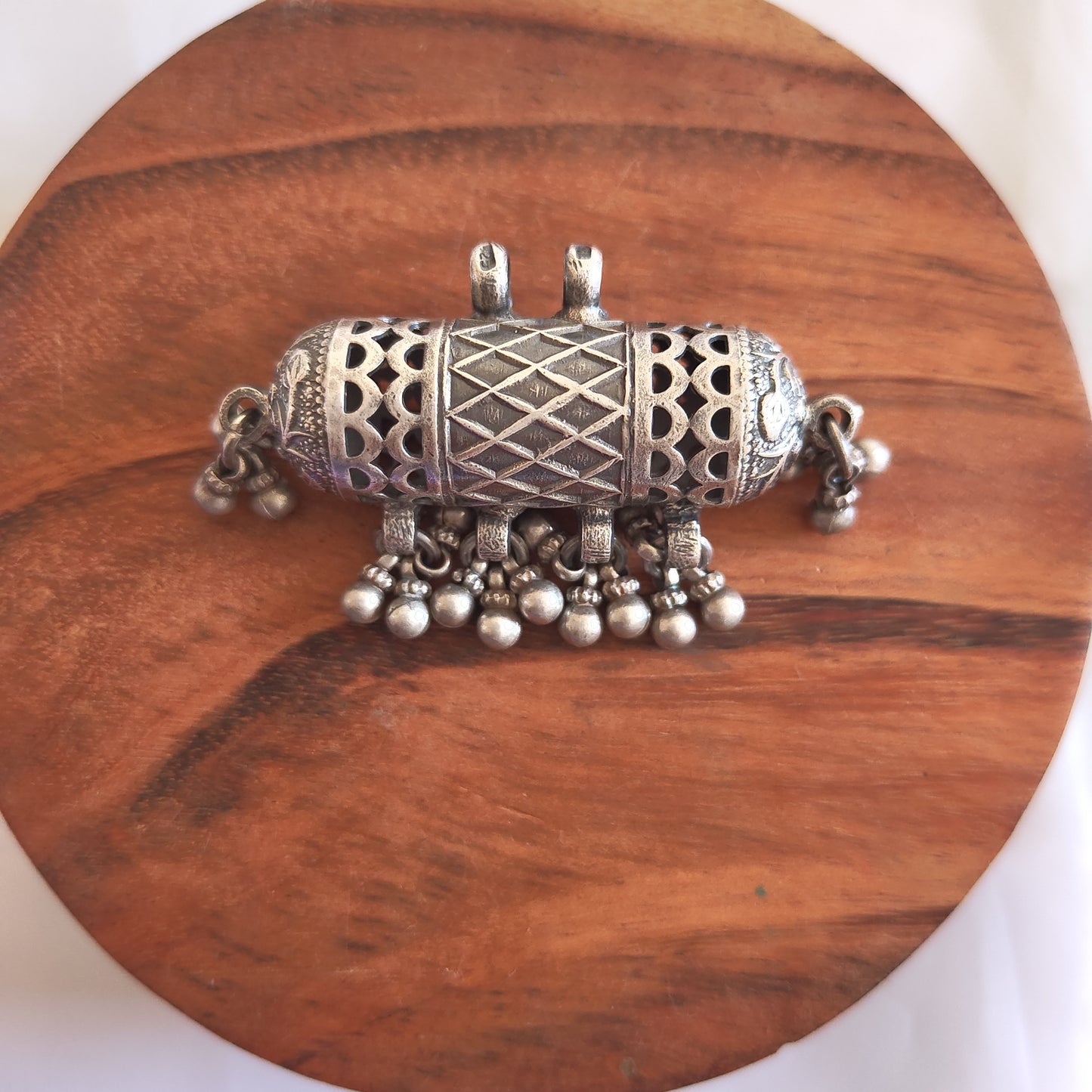 Vintage Silver Reversible Tribal Taviz Pendant With Silver Ball Danglers