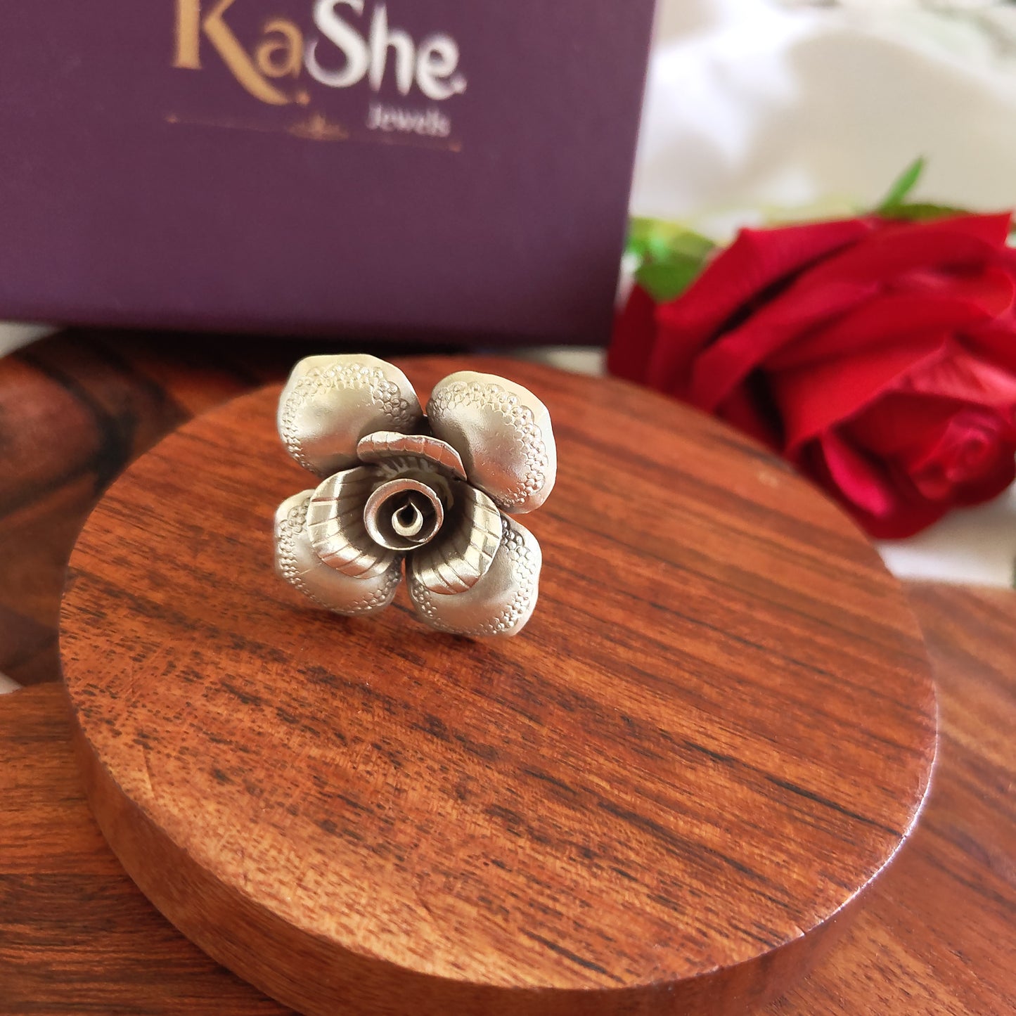 Statement 3D Four Petal Rose Floral Ring with Texture
