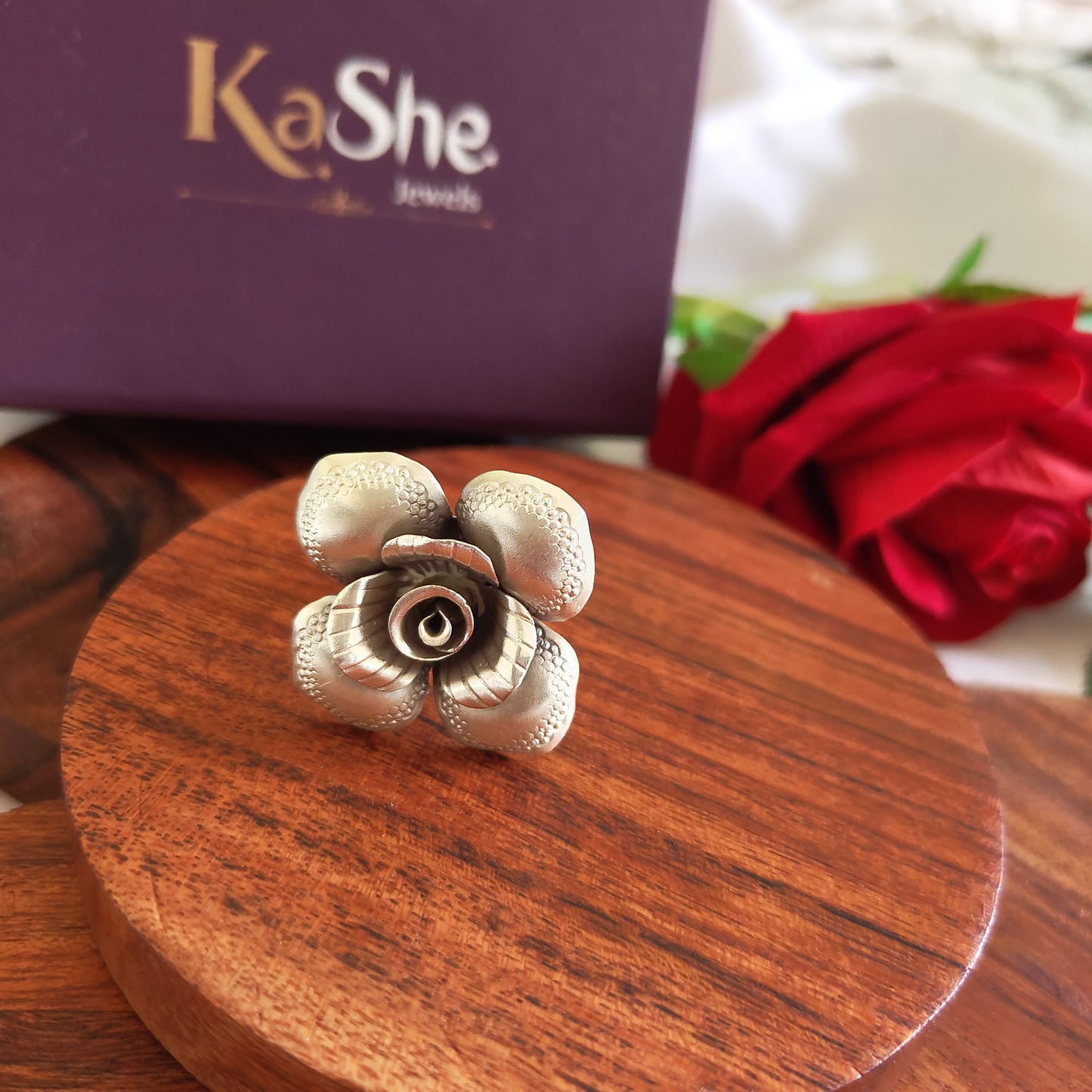 Statement 3D Four Petal Rose Floral Ring with Texture