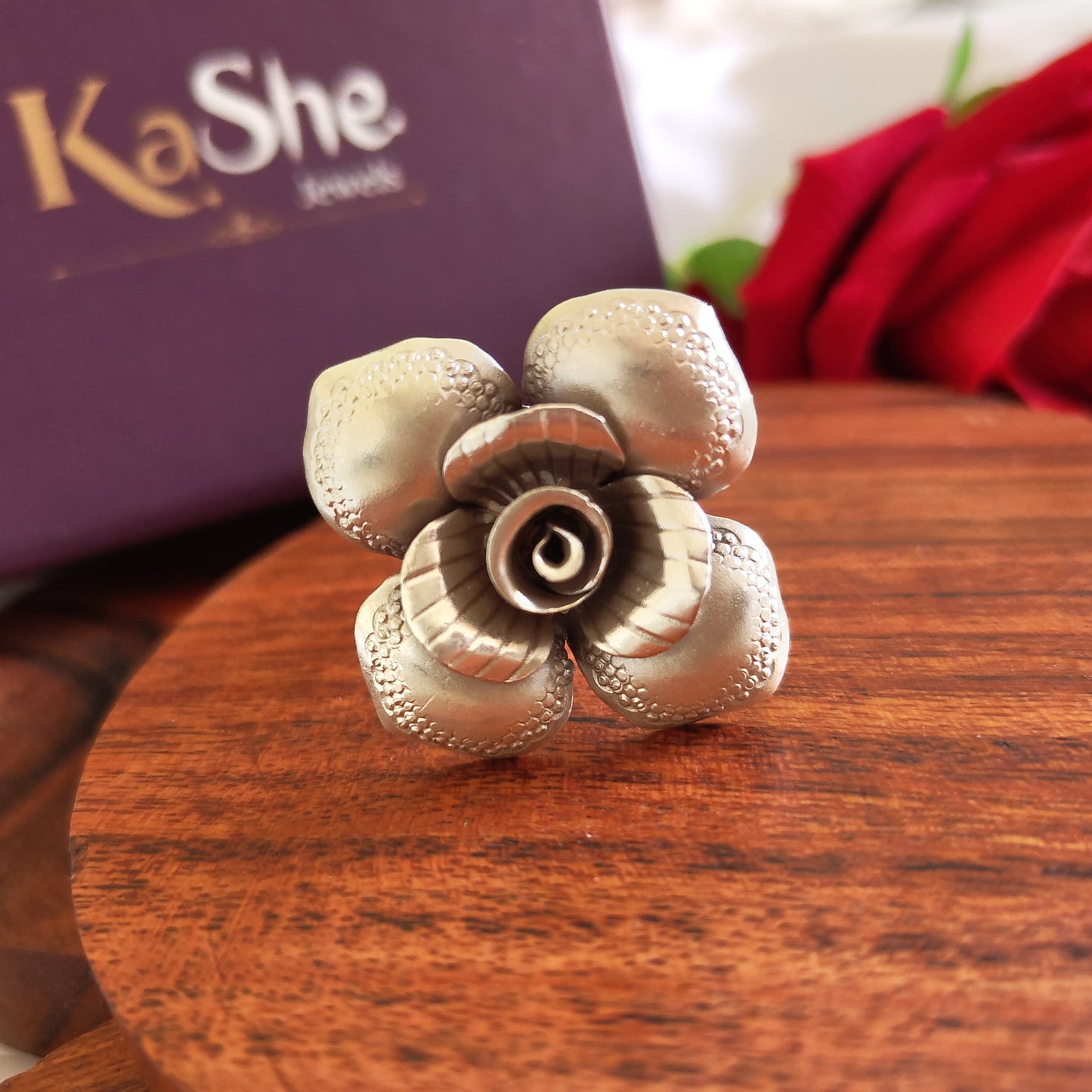 Statement 3D Four Petal Rose Floral Ring with Texture