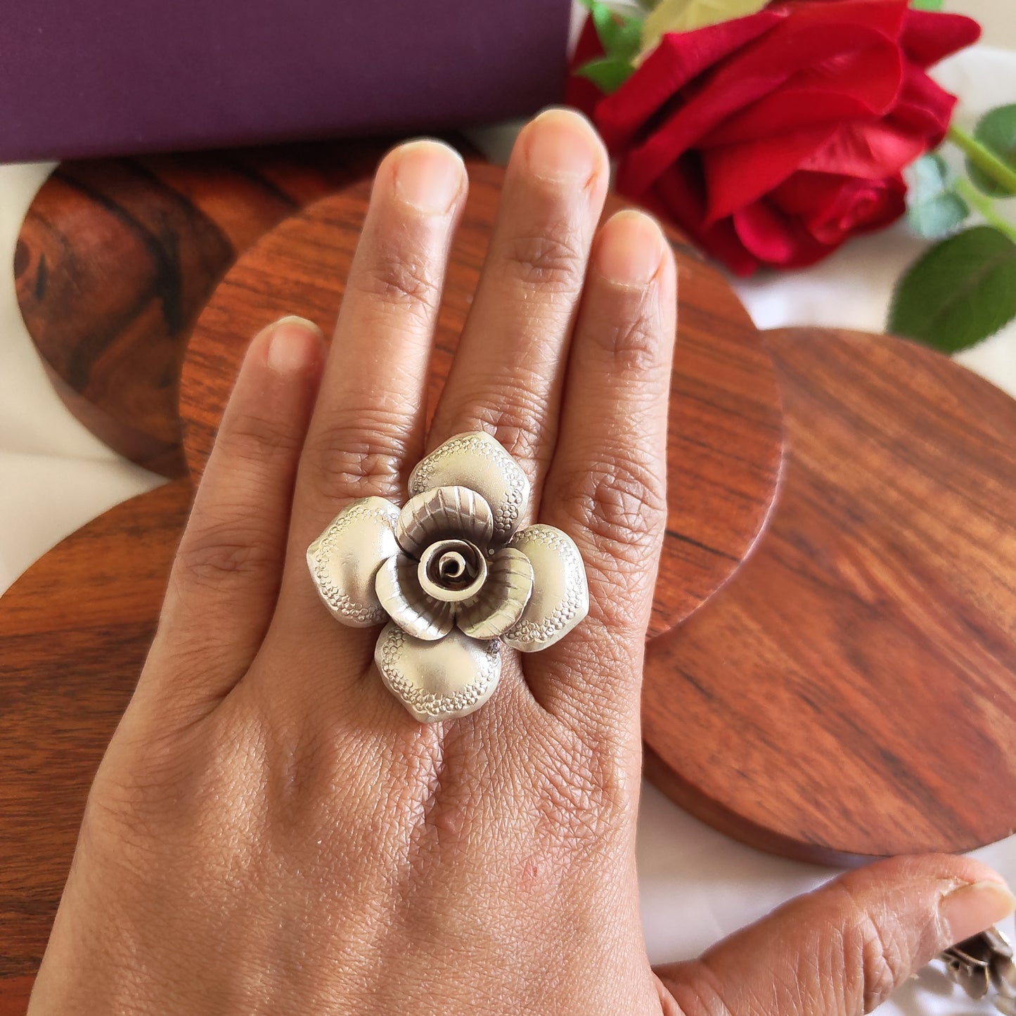 Statement 3D Four Petal Rose Floral Ring with Texture