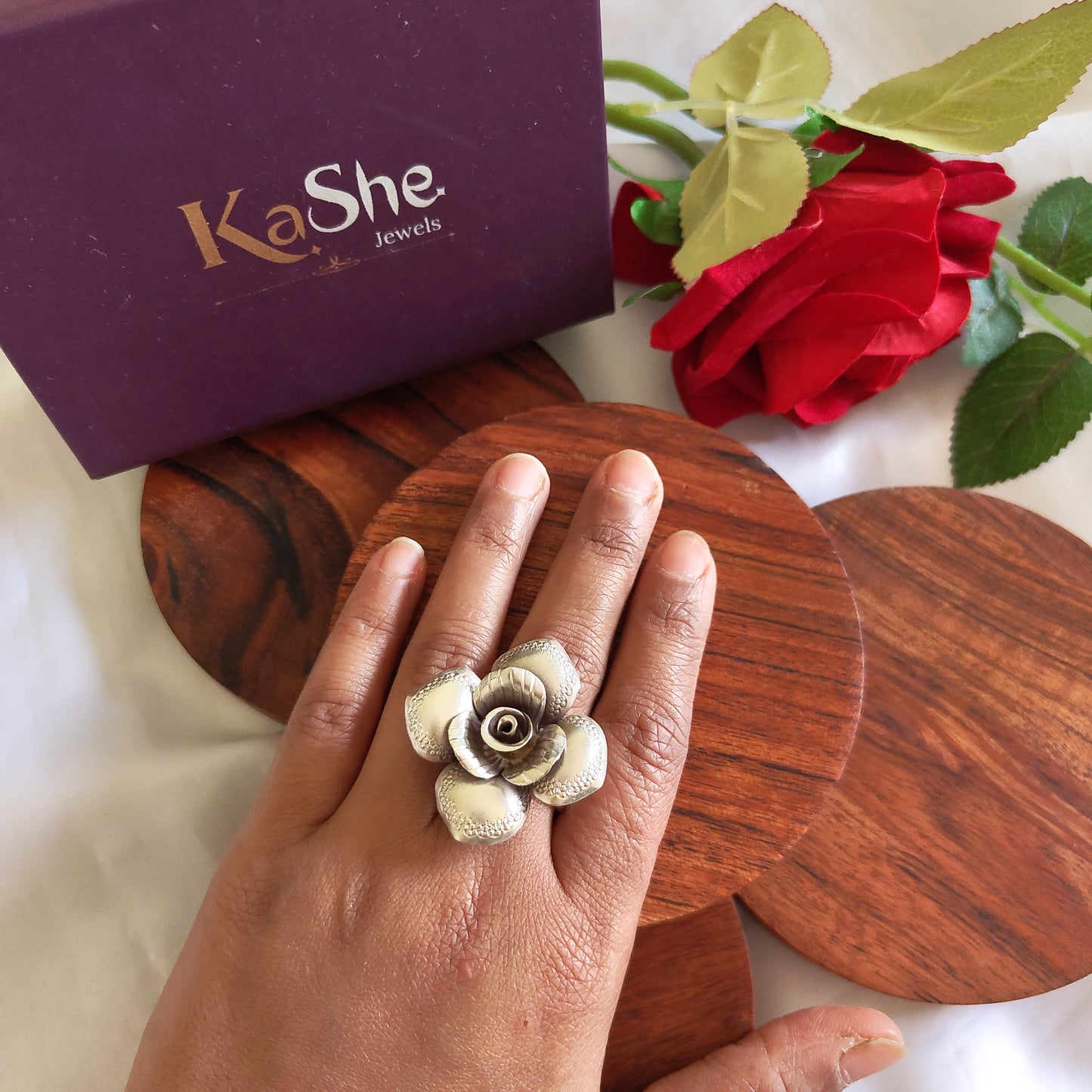 Statement 3D Four Petal Rose Floral Ring with Texture