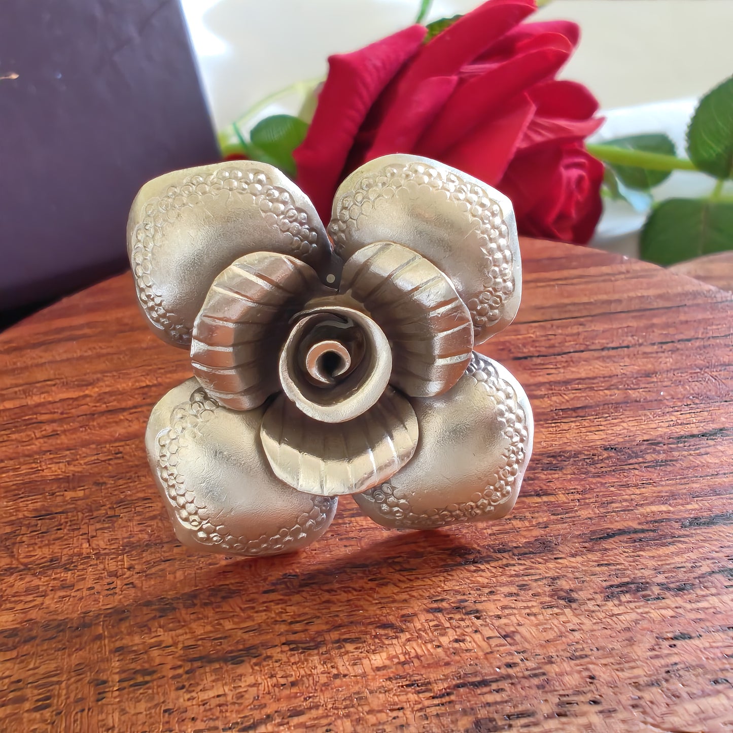 Statement 3D Four Petal Rose Floral Ring with Texture
