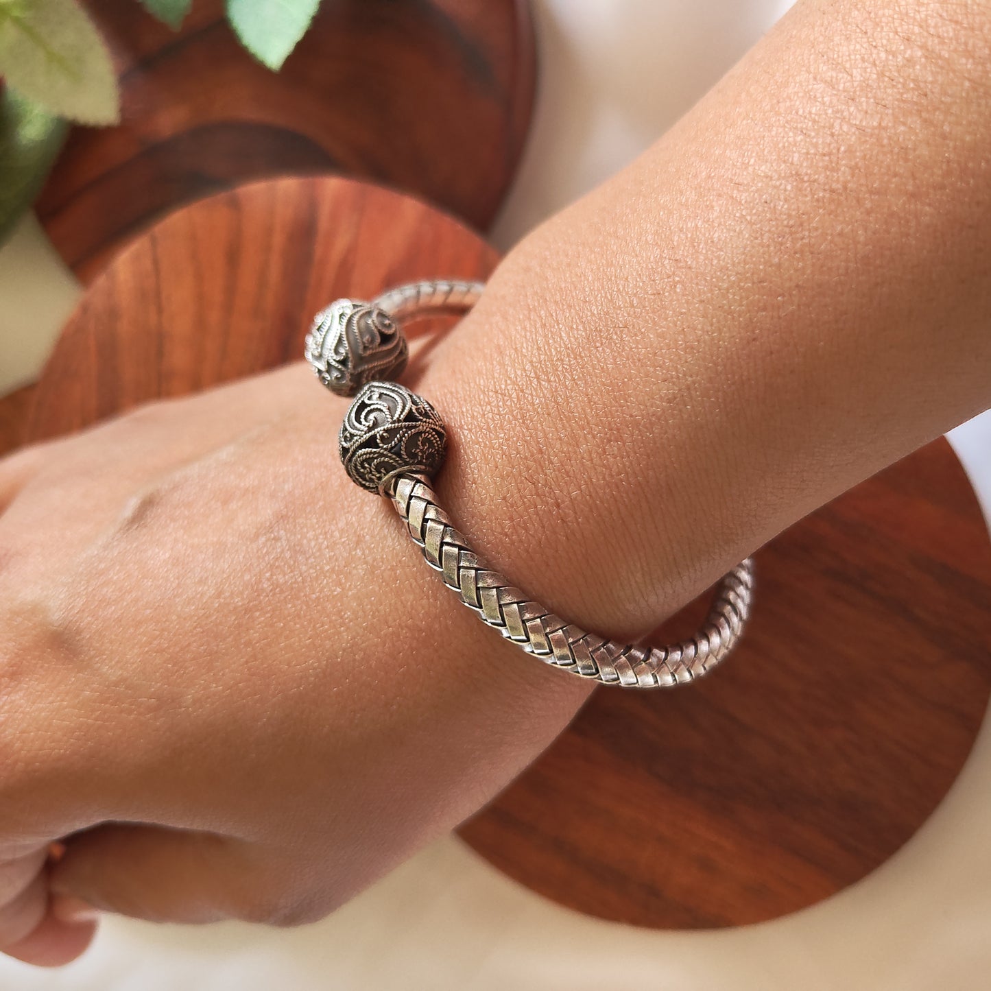 925 Silver Braided Intricate Pear Cuff Kada