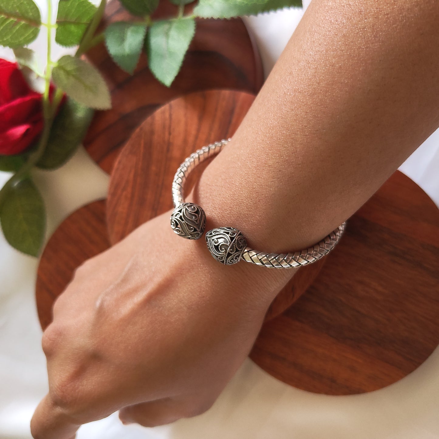 925 Silver Braided Intricate Pear Cuff Kada