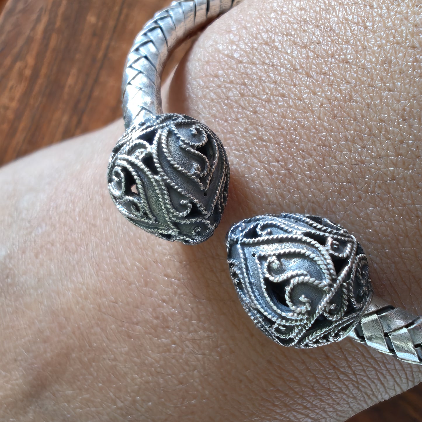 925 Silver Braided Intricate Pear Cuff Kada