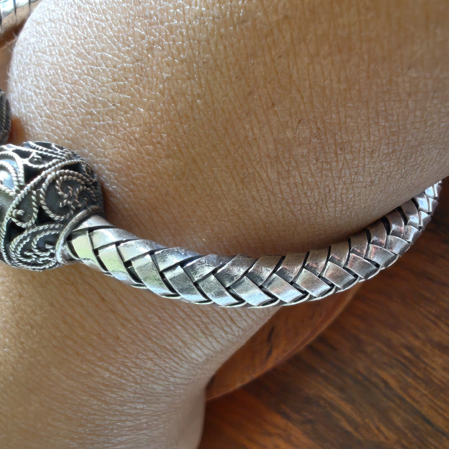 925 Silver Braided Intricate Pear Cuff Kada