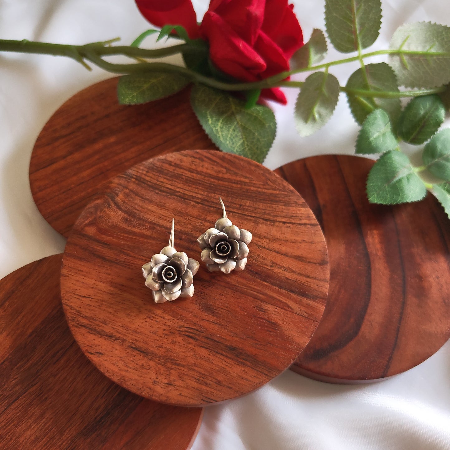 Statement 3D Floral Glossy Rose Leaf Earring with Hooks