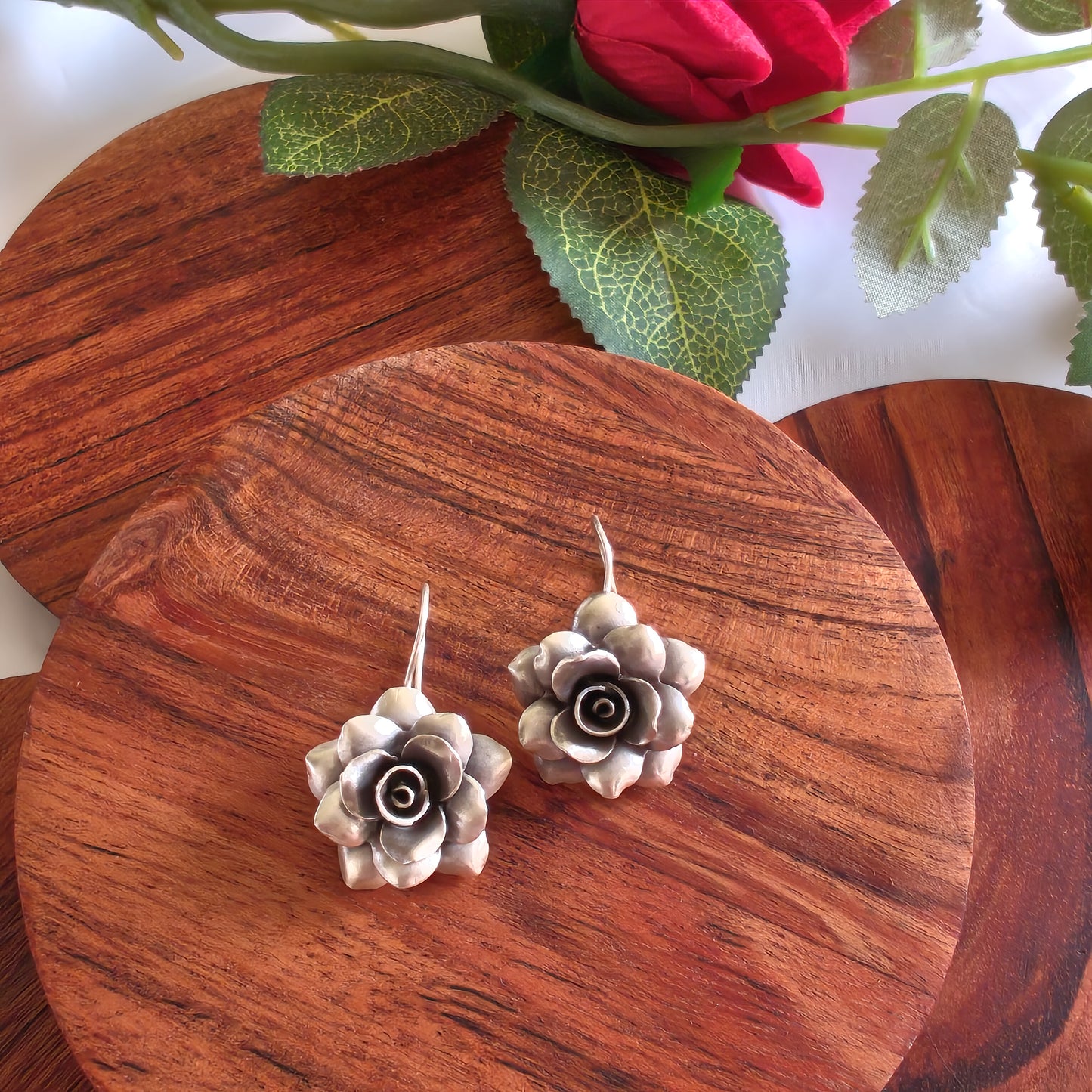 Statement 3D Floral Glossy Rose Leaf Earring with Hooks
