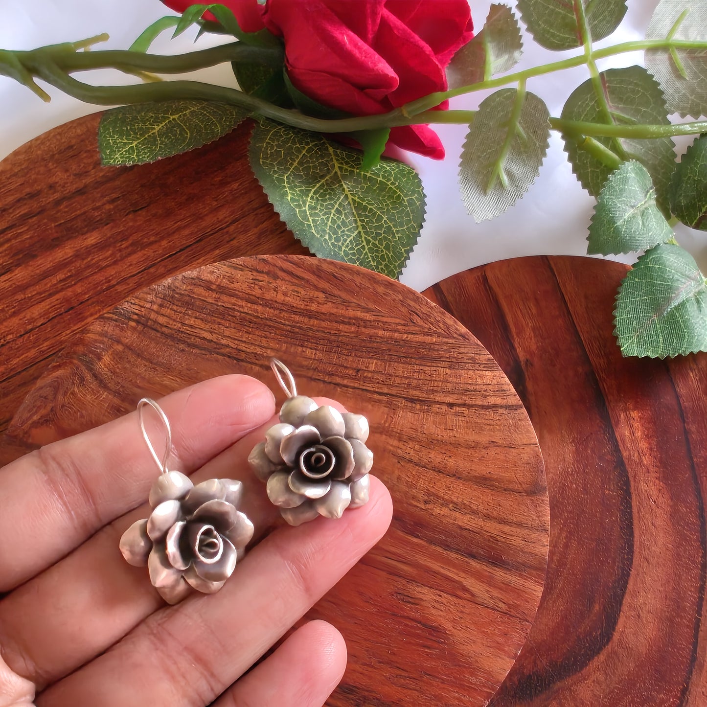 Statement 3D Floral Glossy Rose Leaf Earring with Hooks