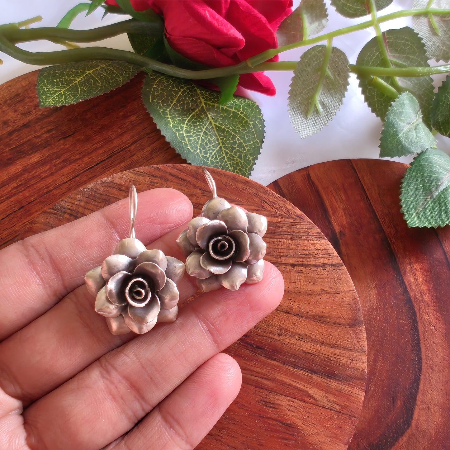Statement 3D Floral Glossy Rose Leaf Earring with Hooks