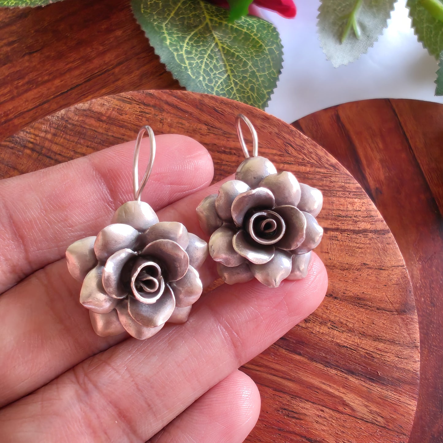 Statement 3D Floral Glossy Rose Leaf Earring with Hooks