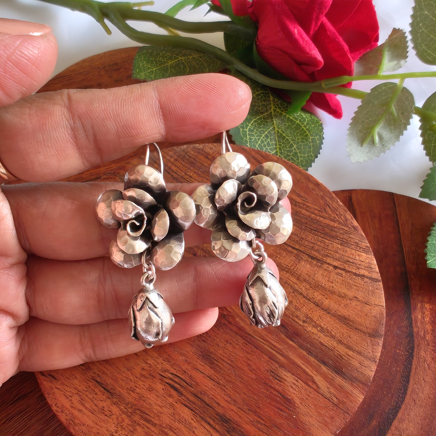 Statement 3D Floral Textured Rose Earring With Bud Drops