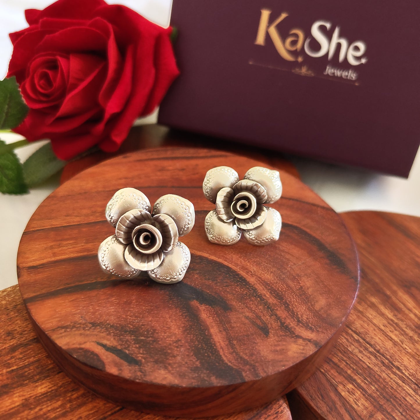 Exclusive Statement Four Petal Floral Rose 3D Earring With Post Stud