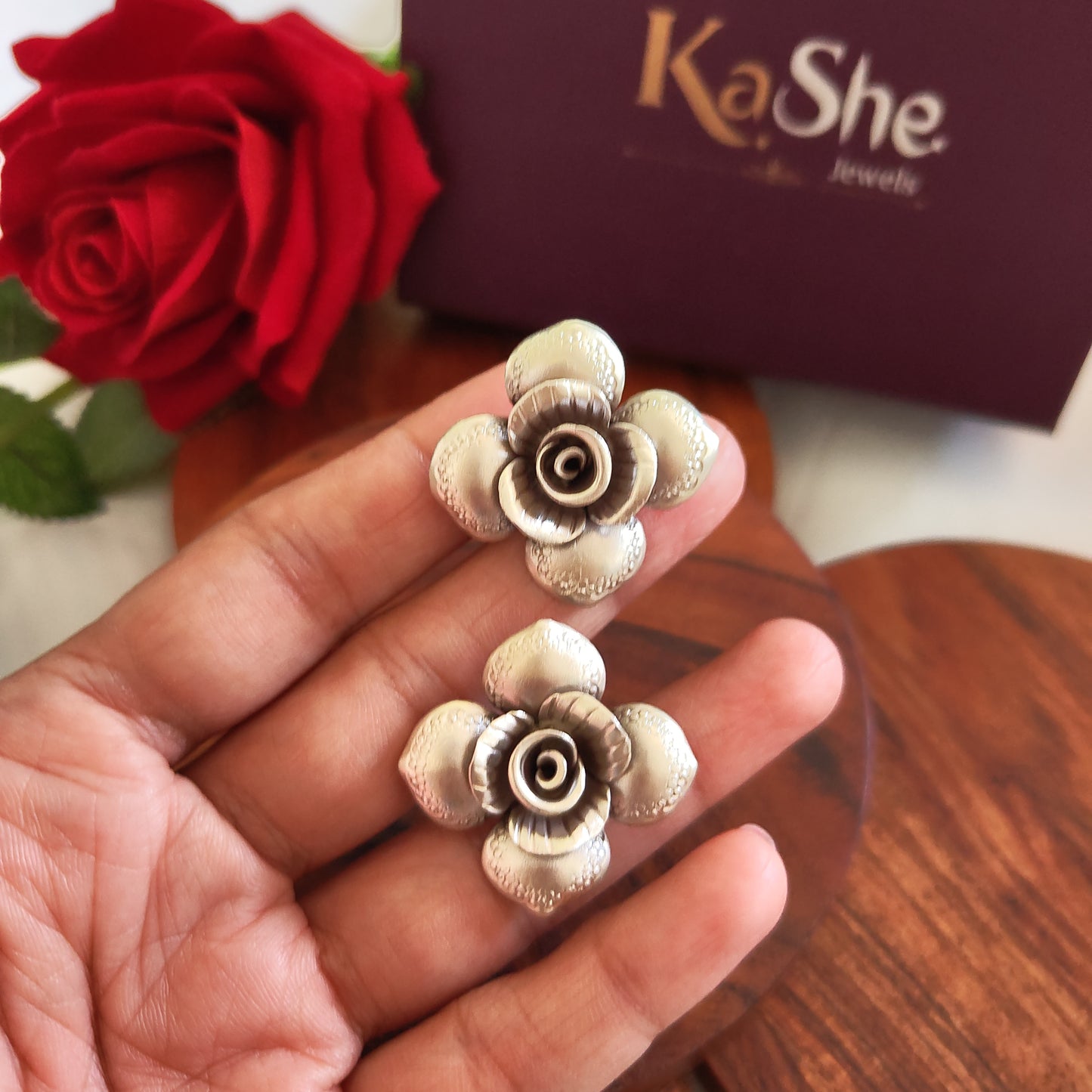 Exclusive Statement Four Petal Floral Rose 3D Earring With Post Stud