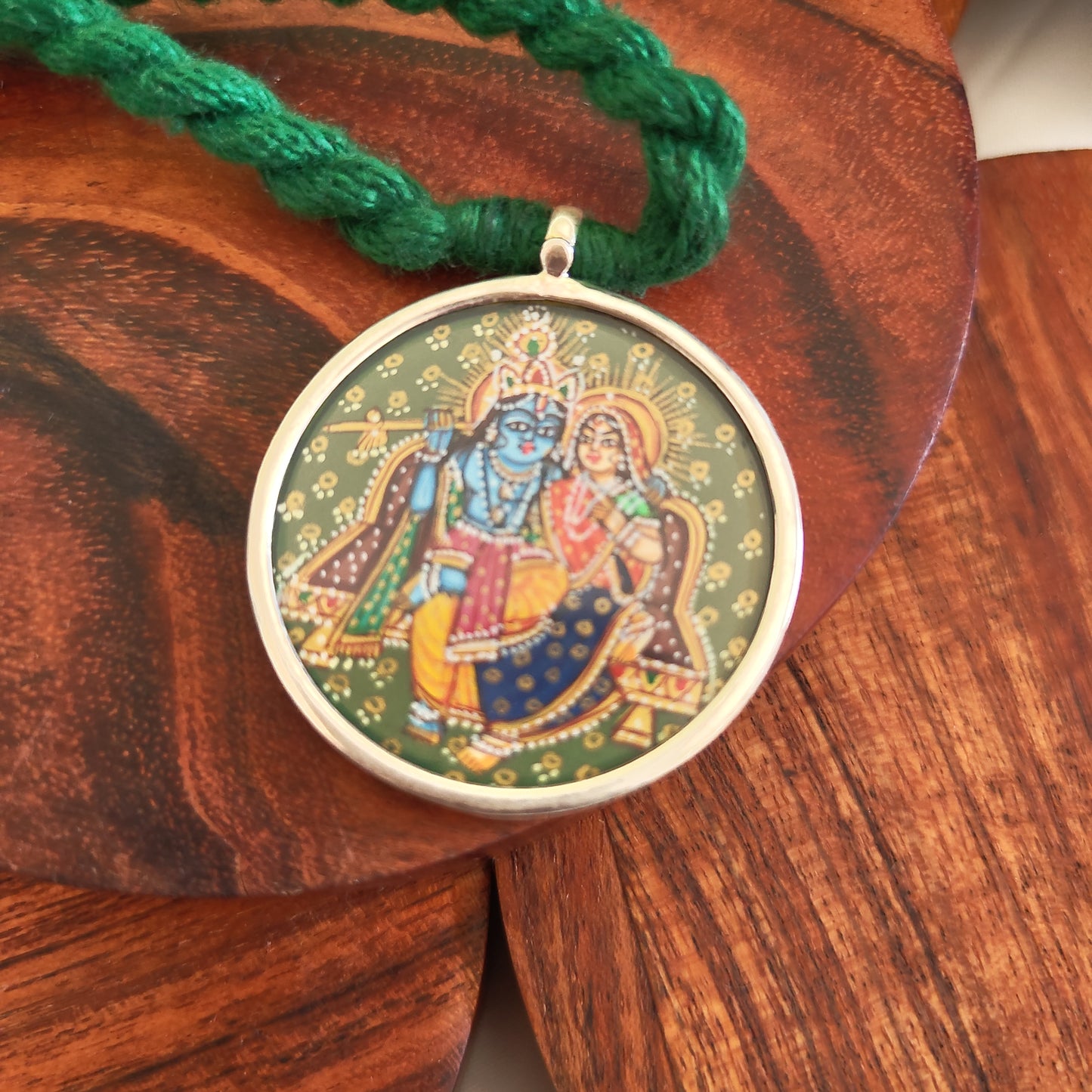 Radha Krishna Hand Painted Circular Pendant with Green Thread Necklace