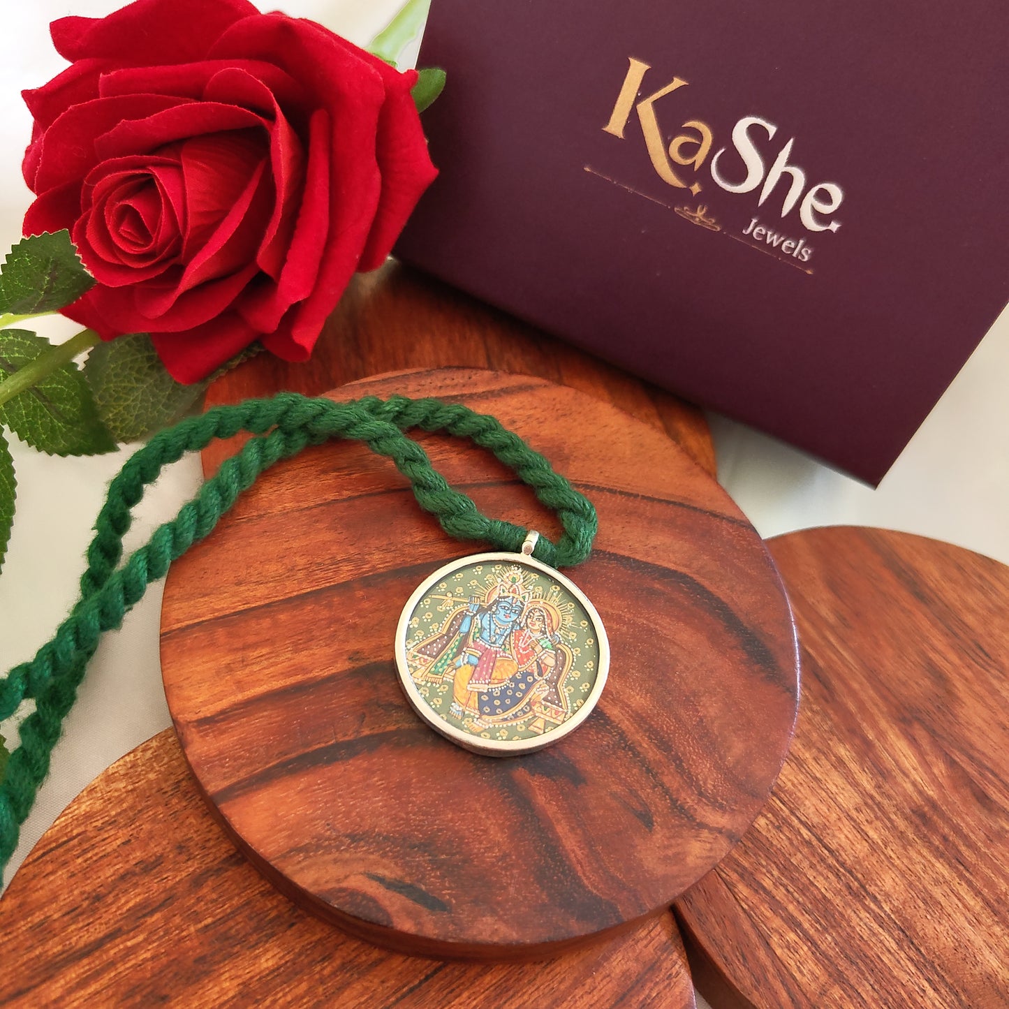 Radha Krishna Hand Painted Circular Pendant with Green Thread Necklace