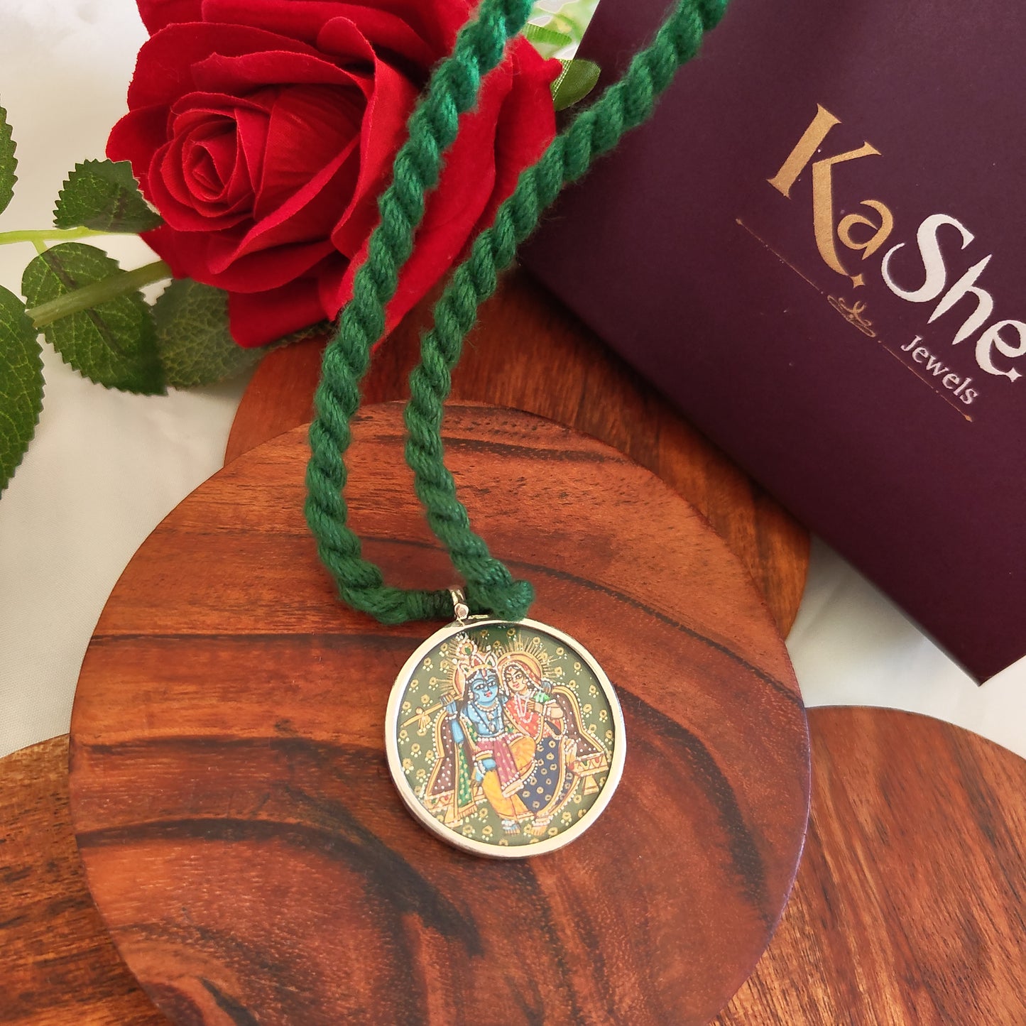 Radha Krishna Hand Painted Circular Pendant with Green Thread Necklace