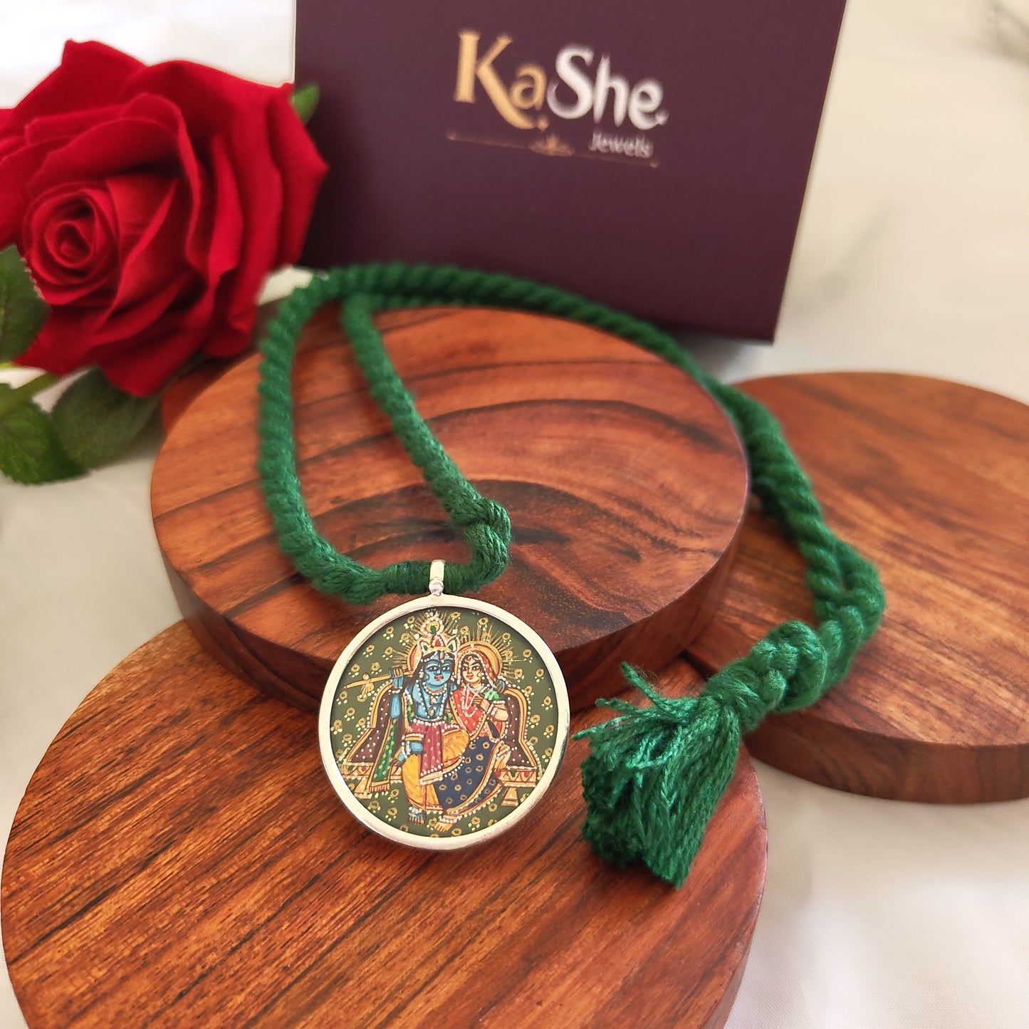 Radha Krishna Hand Painted Circular Pendant with Green Thread Necklace