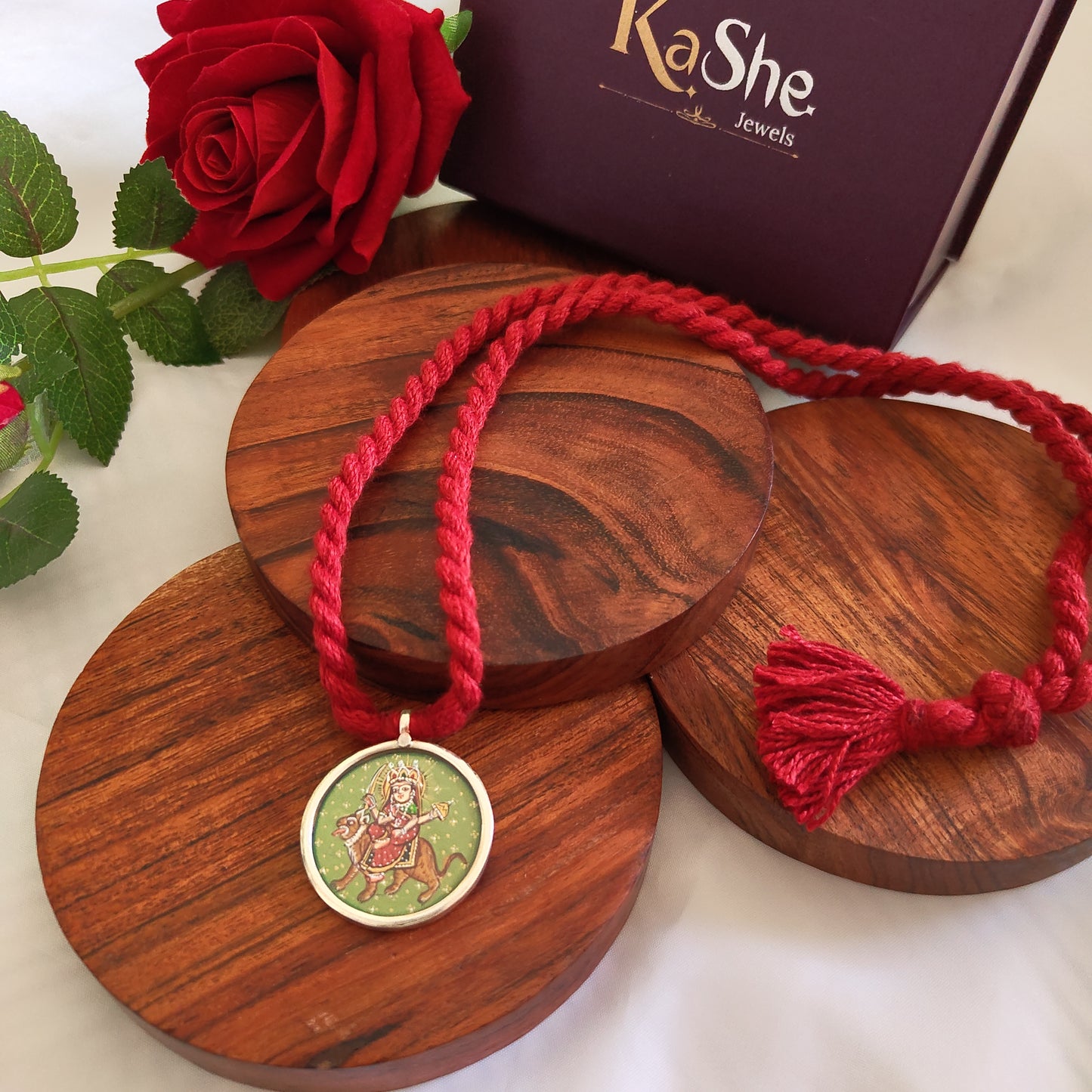 Durga Maa Hand Painted Circular Pendant withMaroon Thread Necklace