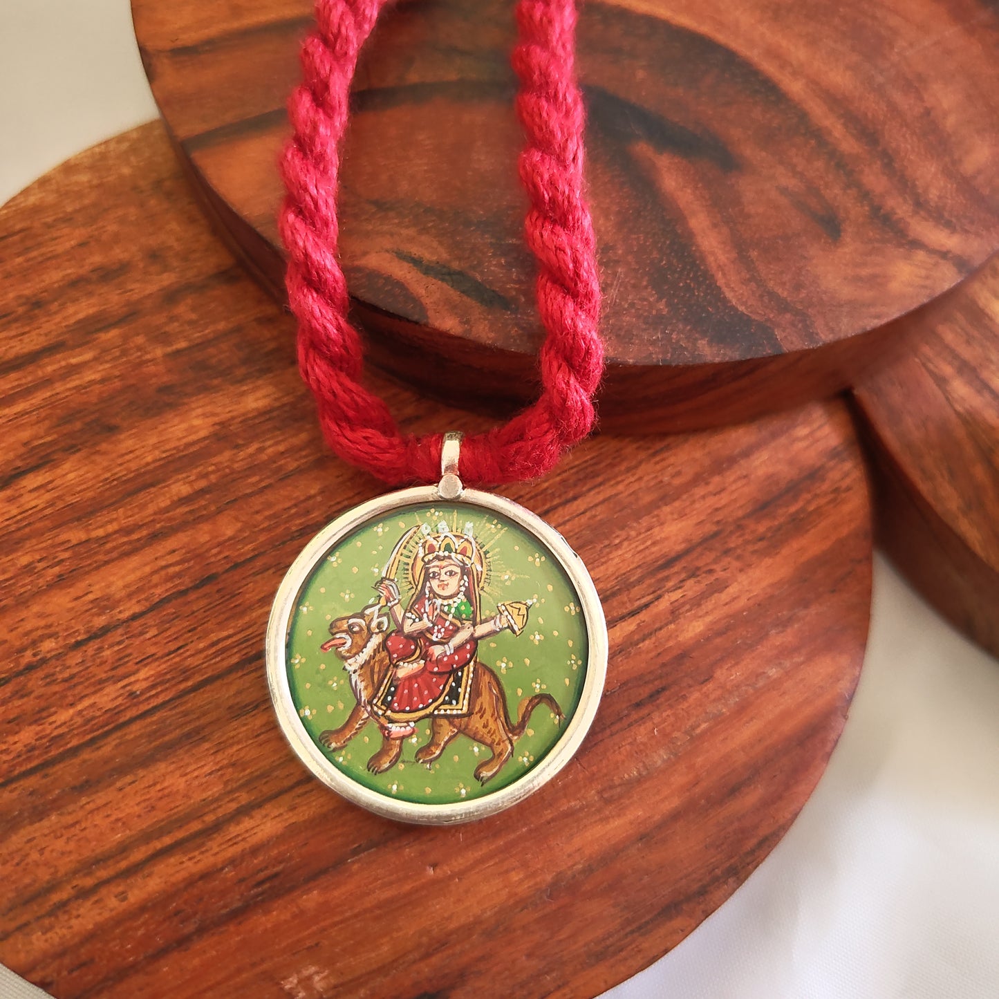 Durga Maa Hand Painted Circular Pendant withMaroon Thread Necklace