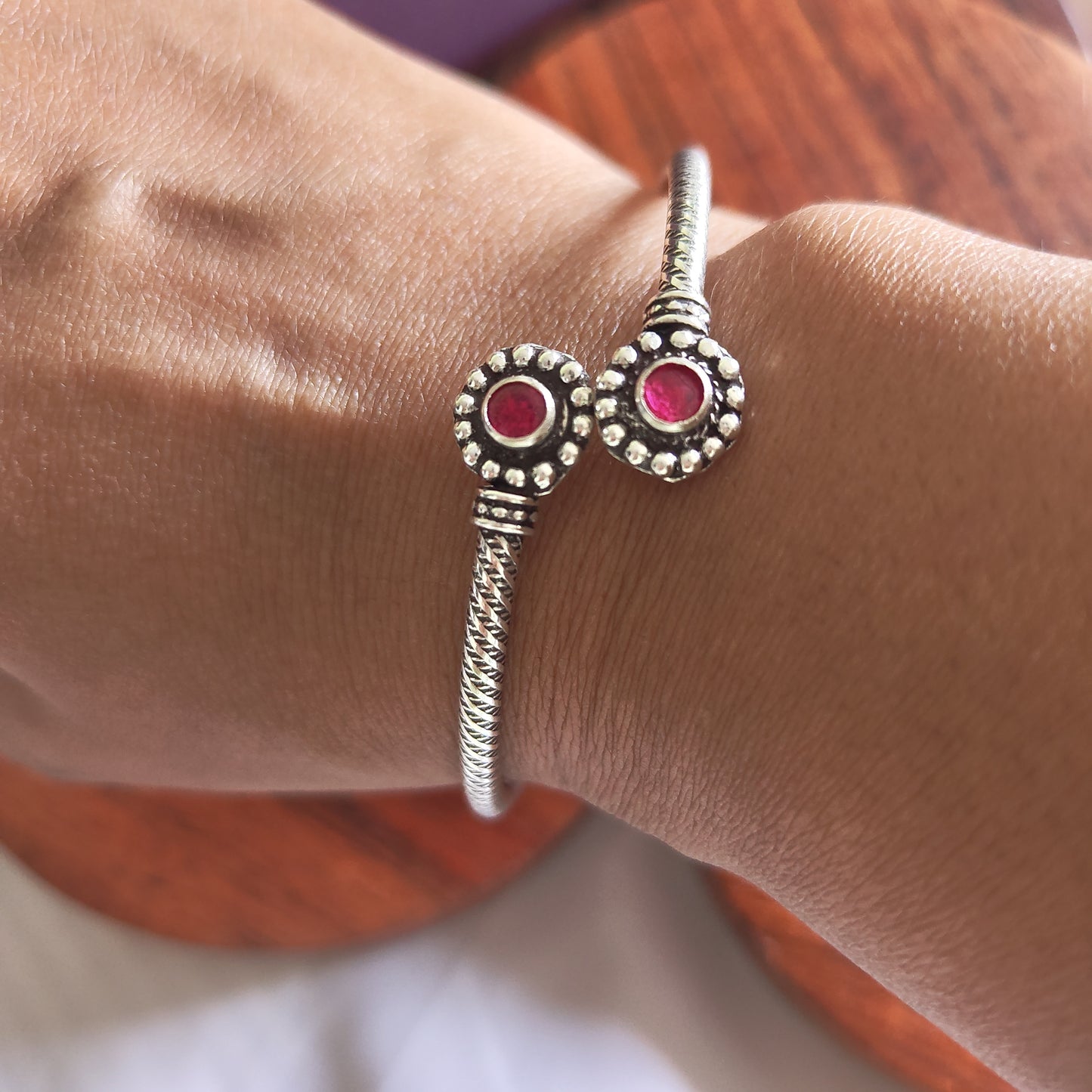 Intricate Textured Pink Stone Dainty Light Weight Open Flexi Kada