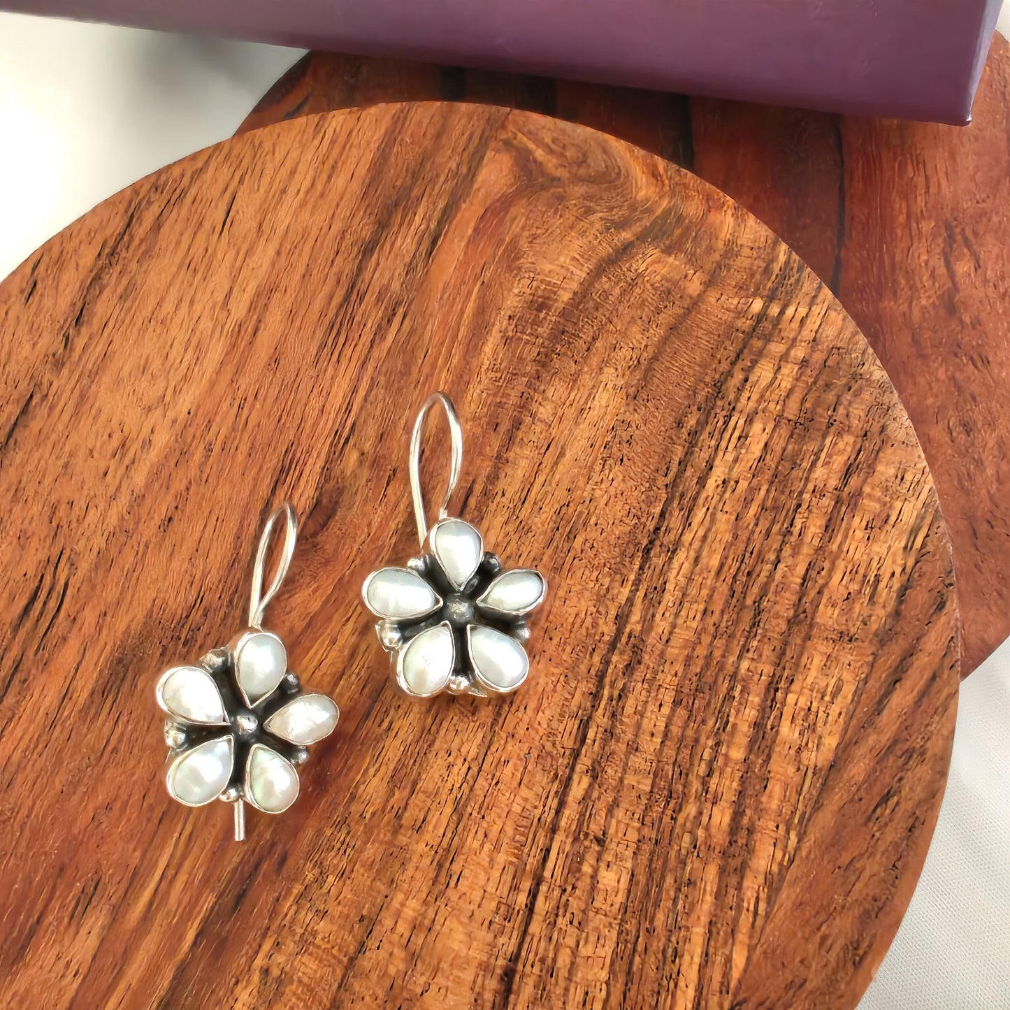 Cut Pearl Floral Five Petal Earring with Hooks Small