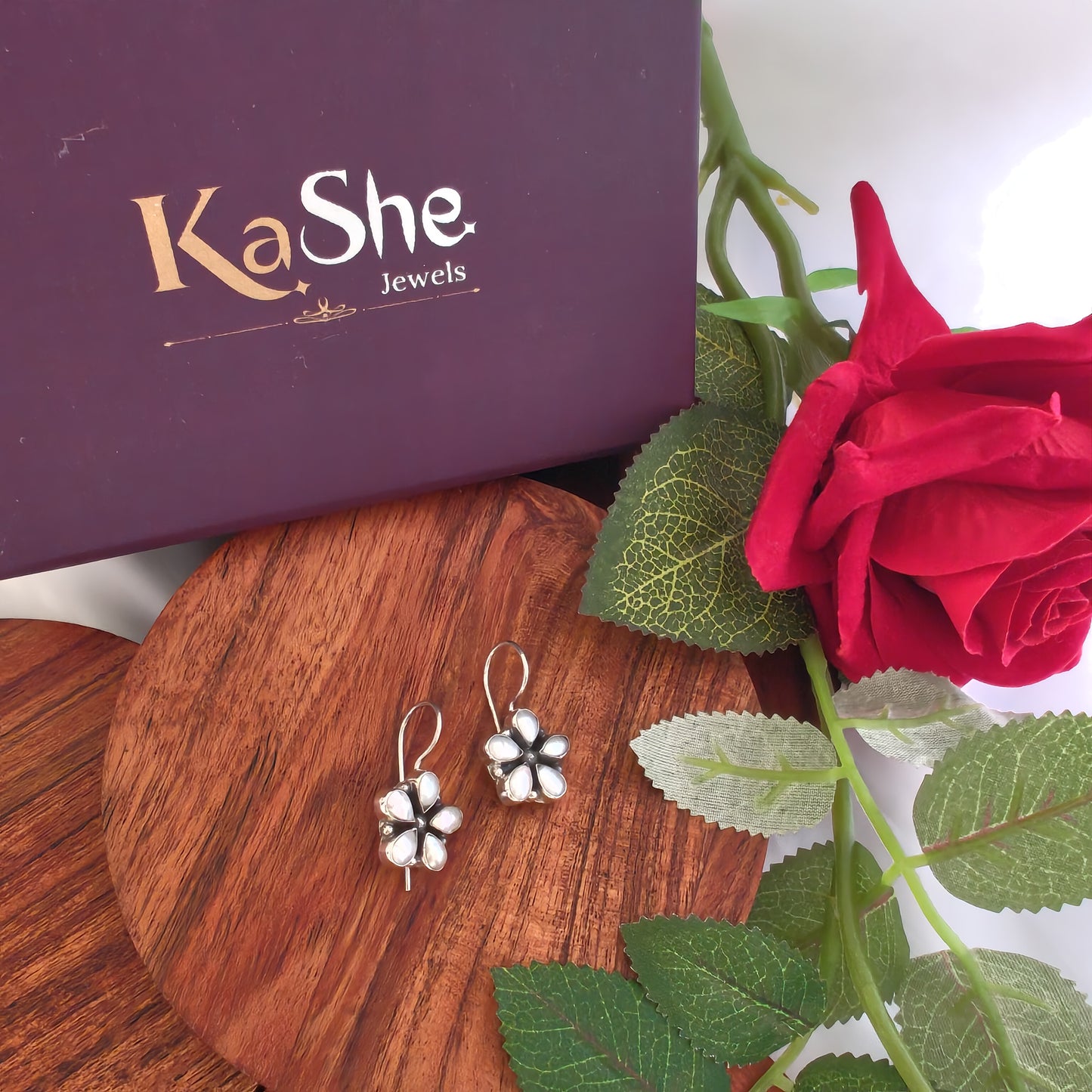Cut Pearl Floral Five Petal Earring with Hooks Small