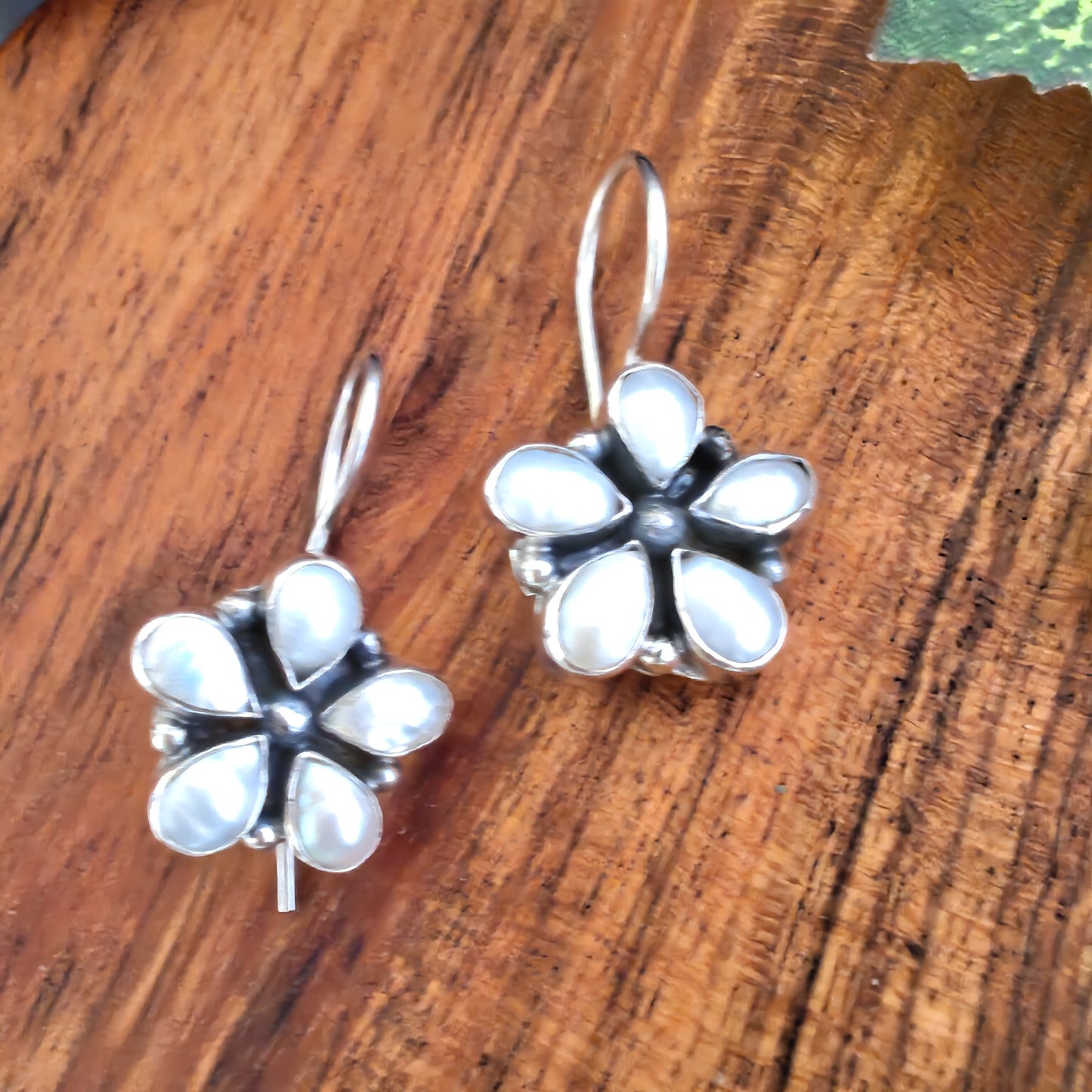 Cut Pearl Floral Five Petal Earring with Hooks Small
