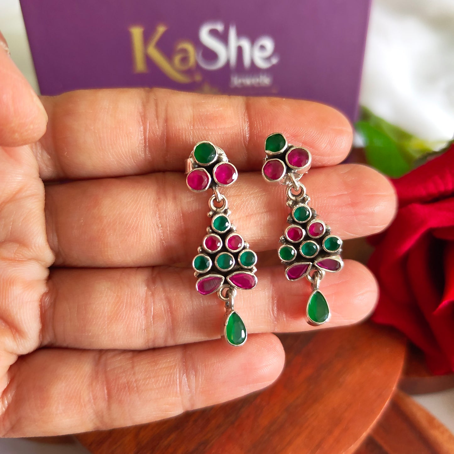 Elegant Circular Pink and Green Stone Earring With Drop , Screw And Post