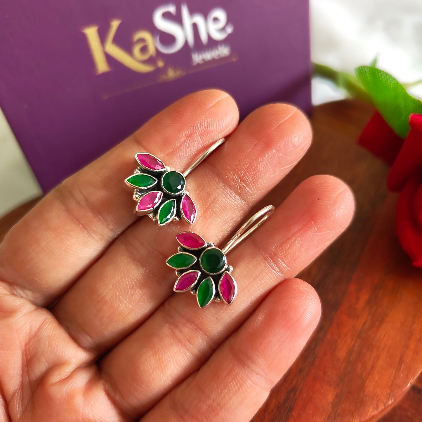 Half Floral Pink And Green Faceted Hook Earring