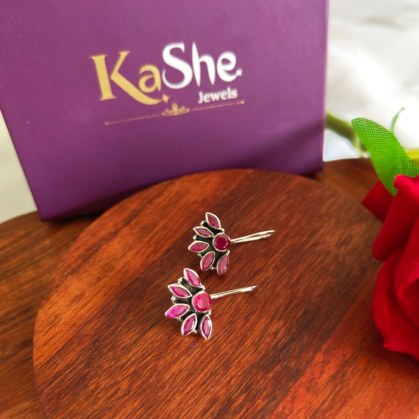 Half Floral Pink Faceted Hook Earring