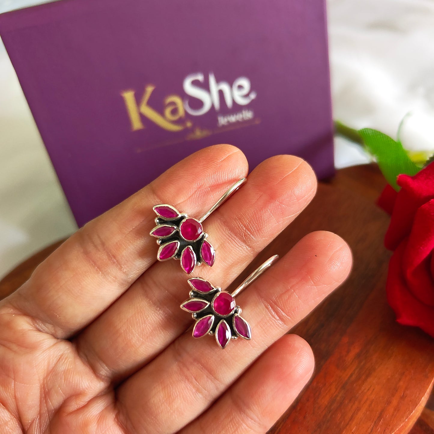 Half Floral Pink Faceted Hook Earring