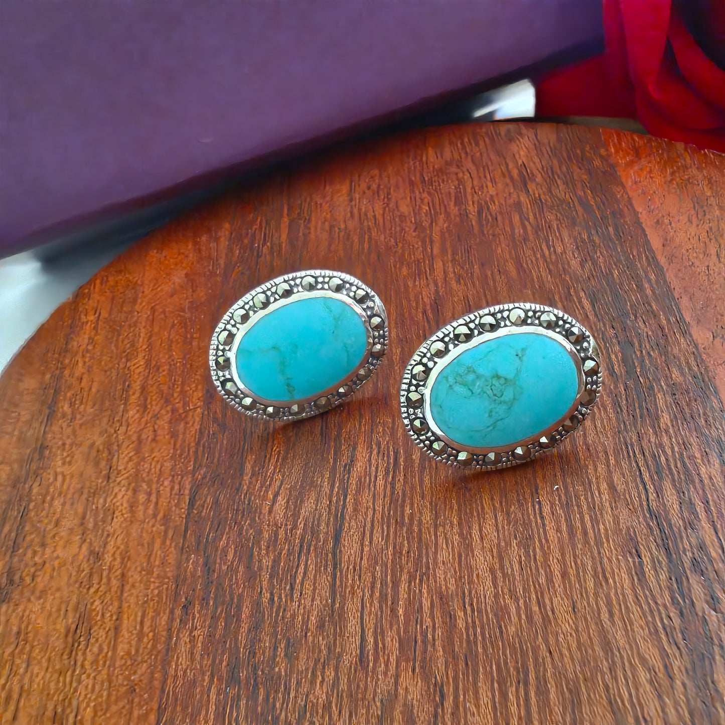 Classic Turquoise Oval Marcasite Stud Earrings With Screw Post