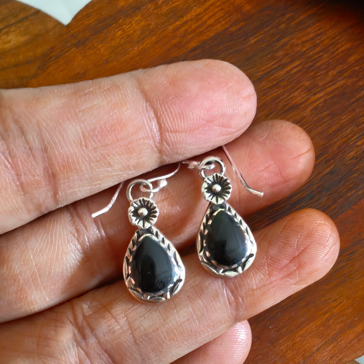 Dainty Flower And Black Enamel Pear Drop Earring