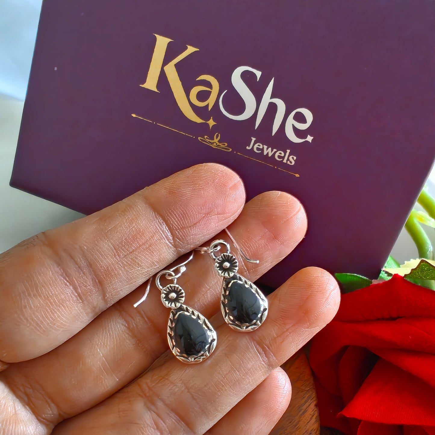 Dainty Flower And Black Enamel Pear Drop Earring