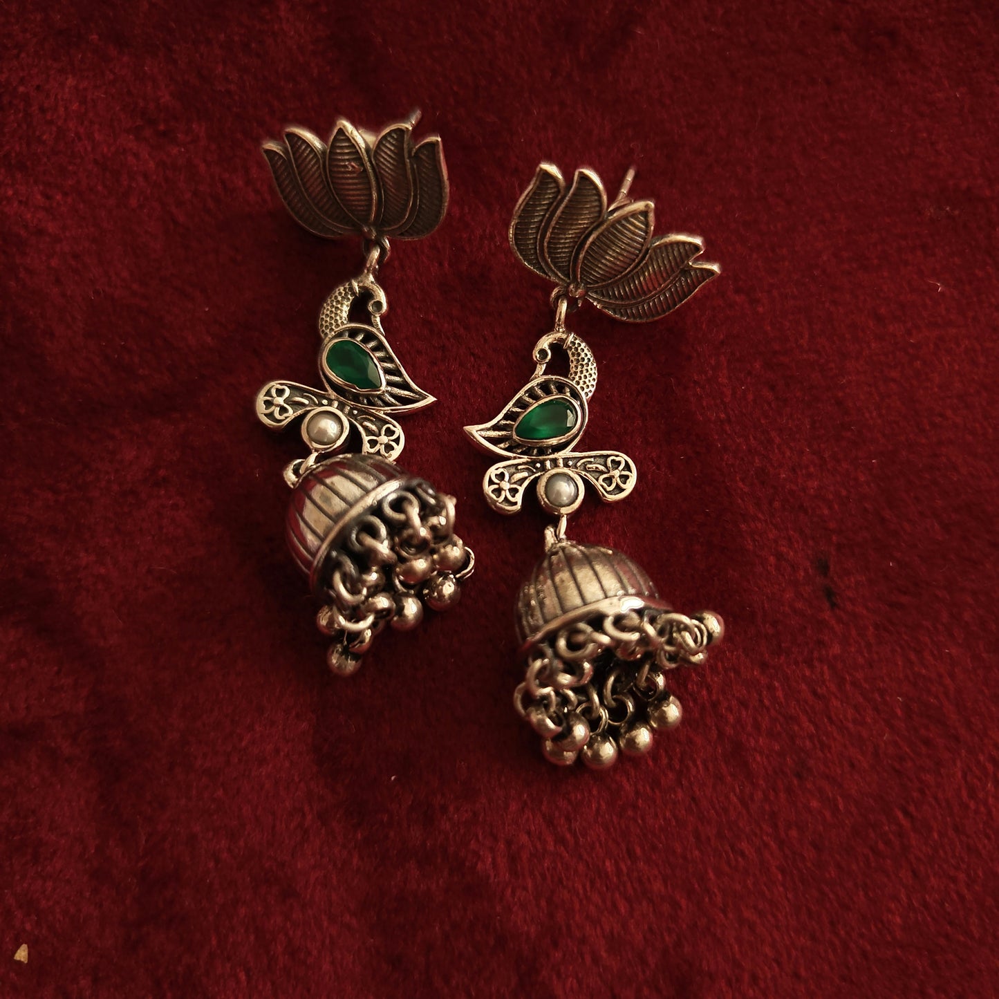 Red White Lotus Bird 925 Silver Jhumka & Pearl Danglers