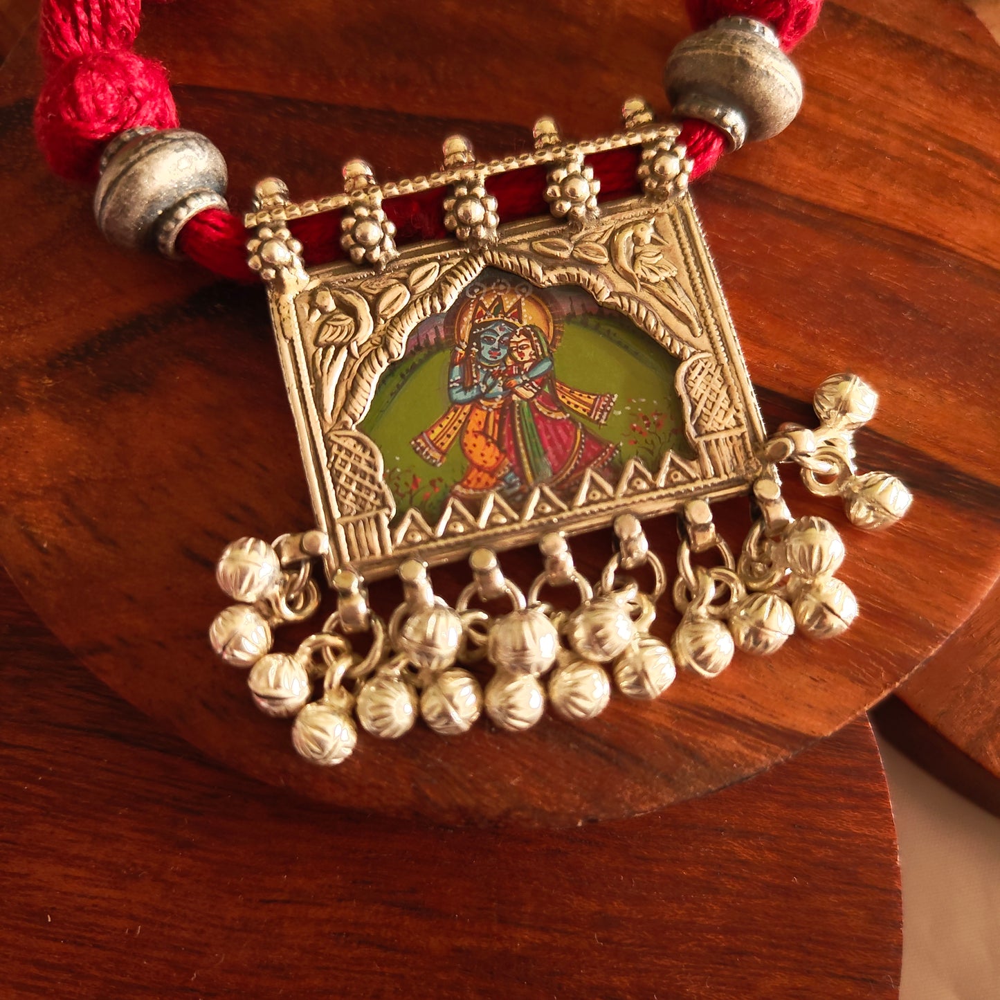 Radha Krishna Hand Painted Jharoka Pendant with Silver Ball Danglers and Maroon Thread Necklace